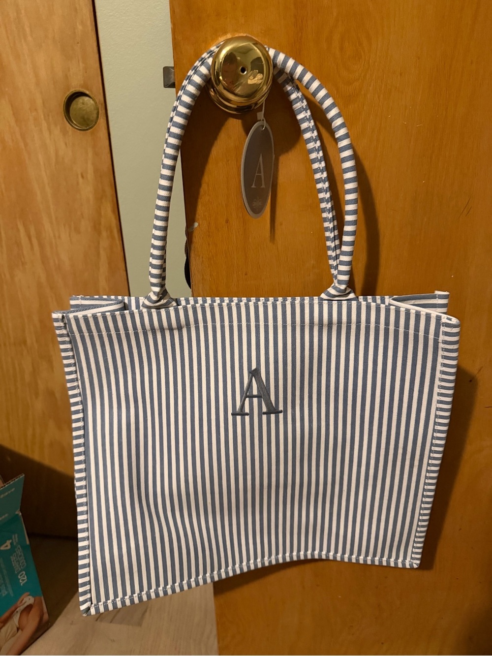 Striped Blue and White Tote Bag with Monogram A